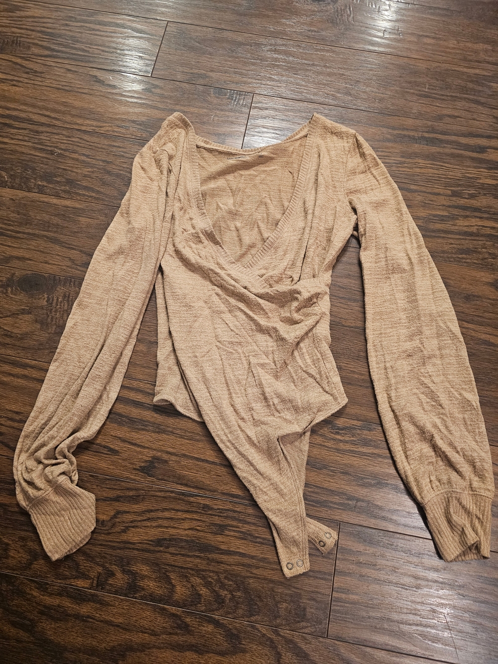 Abercrombie & Fitch Wrap-Front Long Sleeve Bodysuit in Beige/Tan